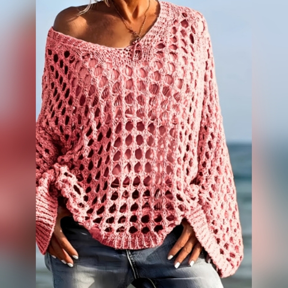 Pink Open-Knit Women's Sweater Crochet Long Sleeve Knit Cover Up Sz S M L XL - Picture 1 of 5